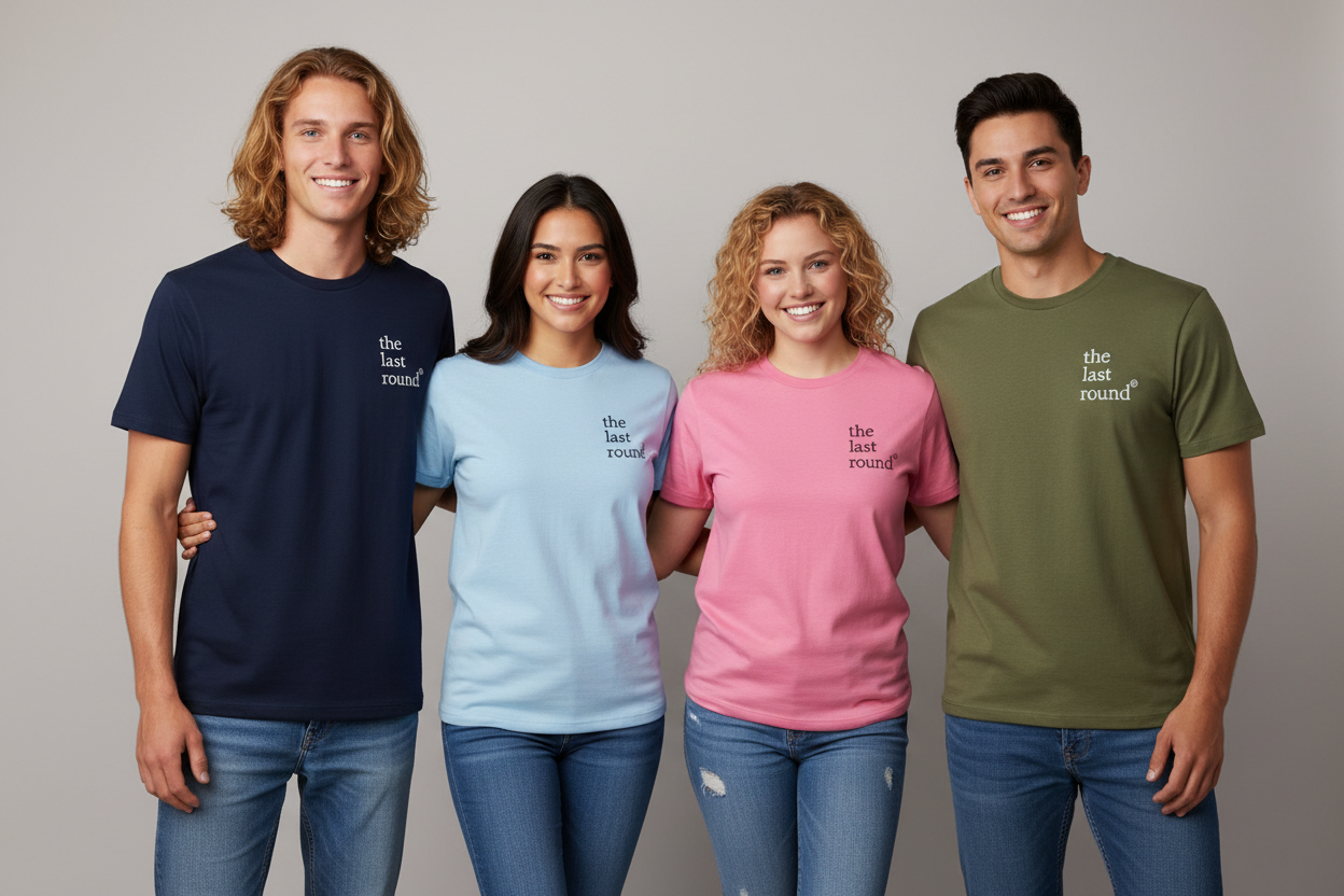 Grupo de 4 personas con camisetas The Last Round - con chica morena