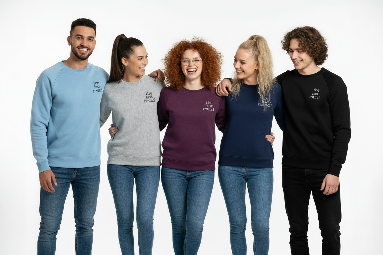 Grupo de 5 personas con sudaderas The Last Round - chica del medio en morado