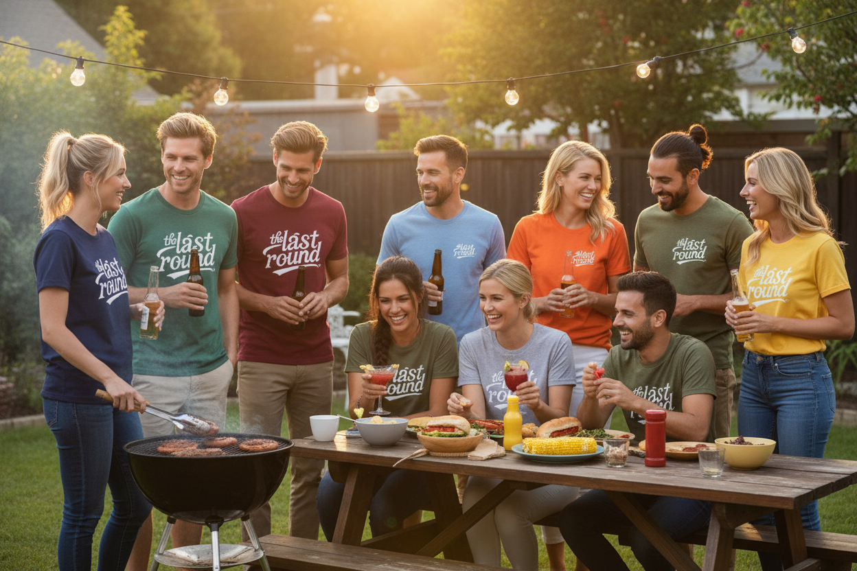 Grupo en barbacoa con camisetas The Last Round - logos centrados y en pecho