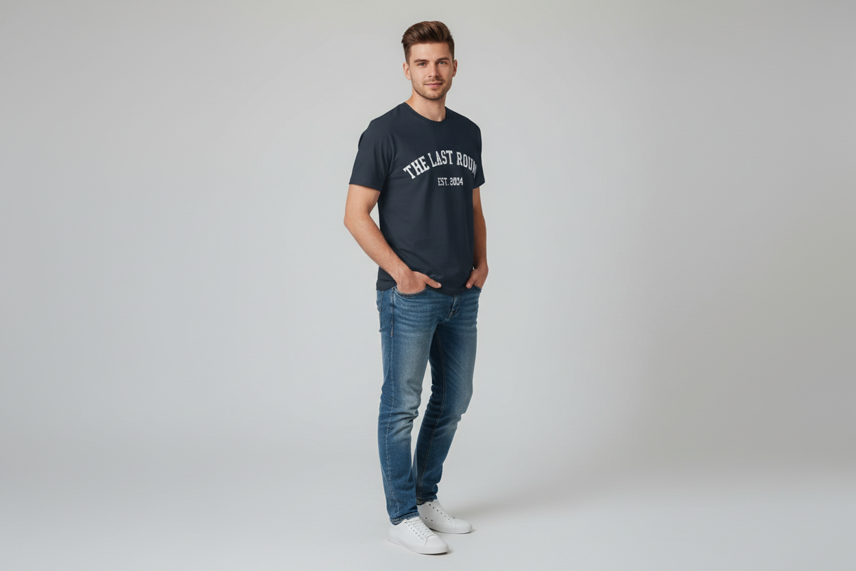 Modelo Masculino Camiseta The Last Round Azul Marino